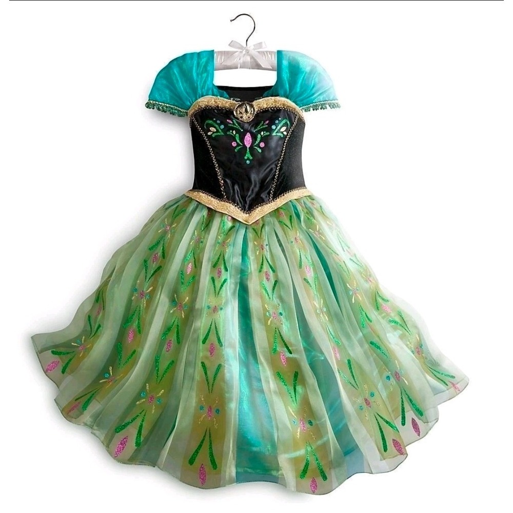 Disney Store Frozen Anna Coronation Gown Costume Dress Green Black Girls 7/8